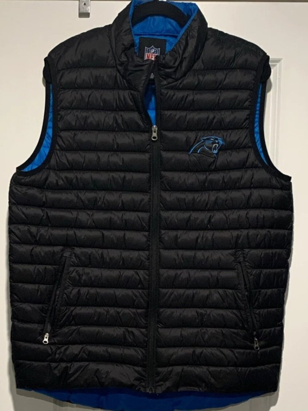 NFL Carolina Panthers Puffer Vest Quilted Full Zip Black Blue Size L
